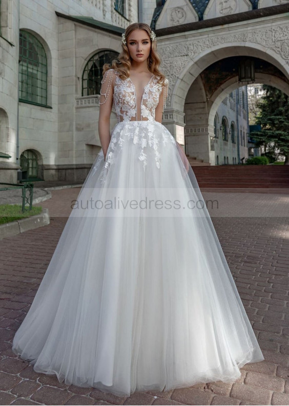 Sexy Beaded Ivory Lace Tulle Wedding Dress